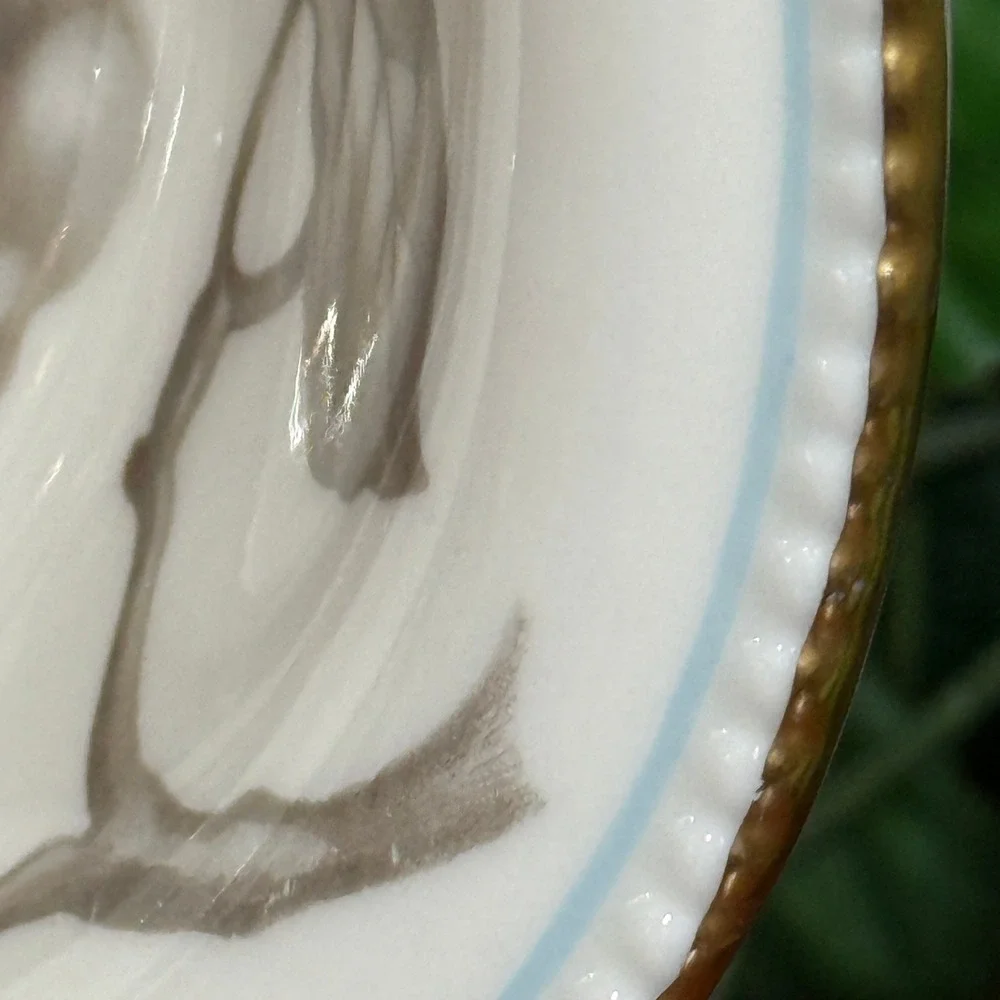 Castleton China Gloria Oval Vegetable Bowl Gray Rose Gold Trim Blue Made in USA